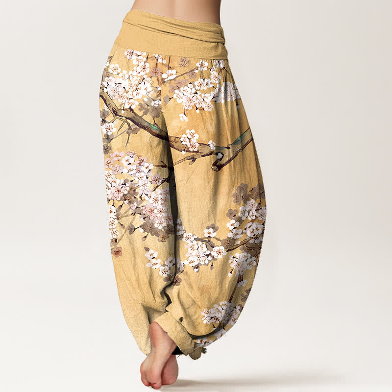 Buddha Stones Haremshose aus Baumwolle mit Kirschblütenmuster und elastischem Bund für Damen - image 1