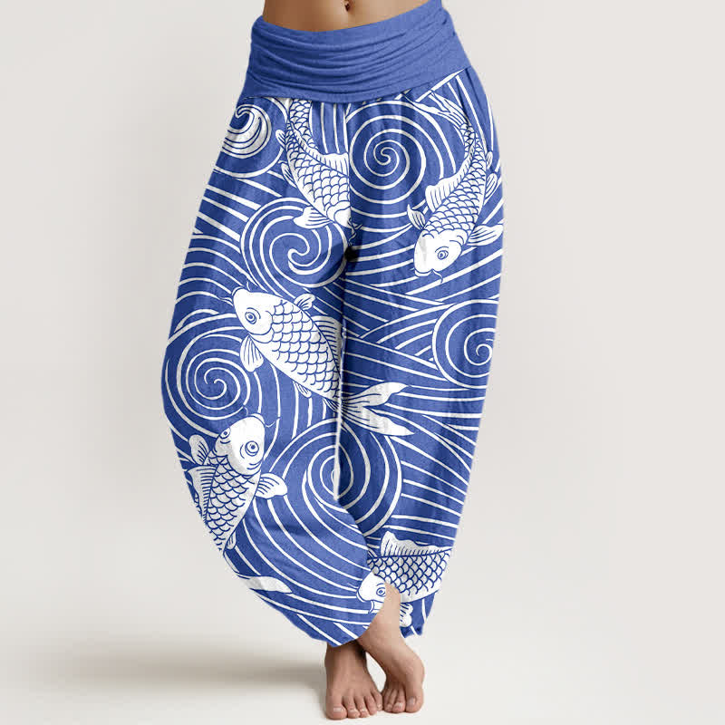 Buddha Stones Baumwoll-Haremshose mit Koi-Wellenmuster und elastischem Bund für Damen - Königsblau - US16, UK/AU20, EU48 (3XL) - image 0