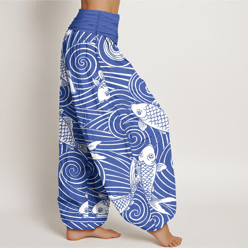 Buddha Stones Baumwoll-Haremshose mit Koi-Wellenmuster und elastischem Bund für Damen - image 1