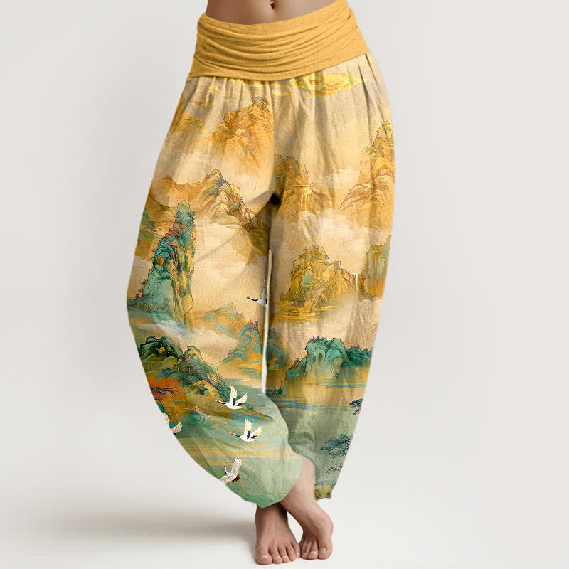 Buddha Stones Baumwoll-Haremshose mit orientalischem Kranichspitzenmuster und elastischem Bund für Damen - Gold - US16, UK/AU20, EU48 (3XL) - image 0