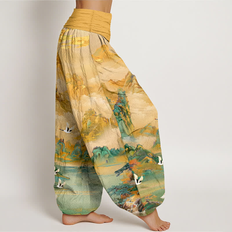 Buddha Stones Baumwoll-Haremshose mit orientalischem Kranichspitzenmuster und elastischem Bund für Damen - image 1
