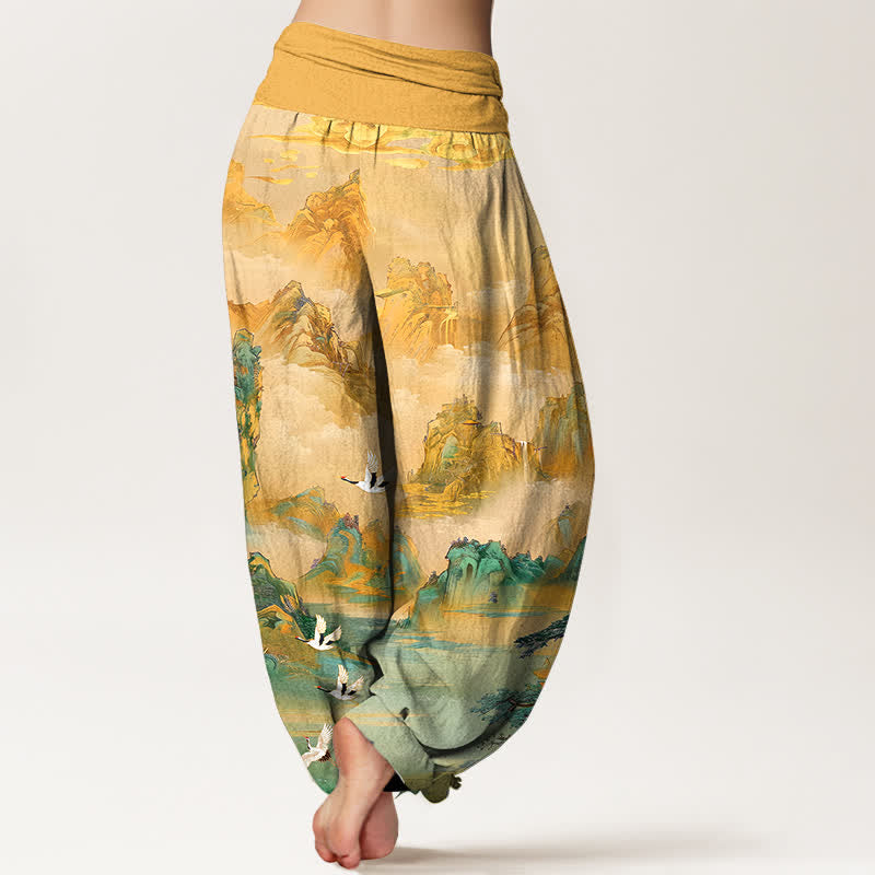 Buddha Stones Baumwoll-Haremshose mit orientalischem Kranichspitzenmuster und elastischem Bund für Damen - image 2