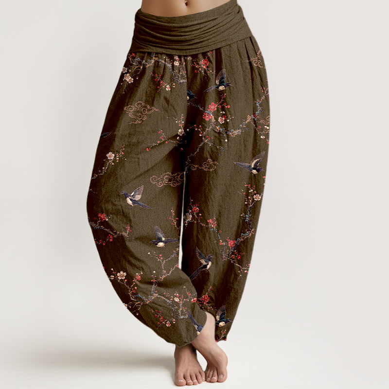 Buddha Stones Baumwoll-Haremshose mit Schwalben- und Pflaumenblütenmuster, elastischer Bund, Damen - Olive - US16, UK/AU20, EU48 (3XL) - image 8