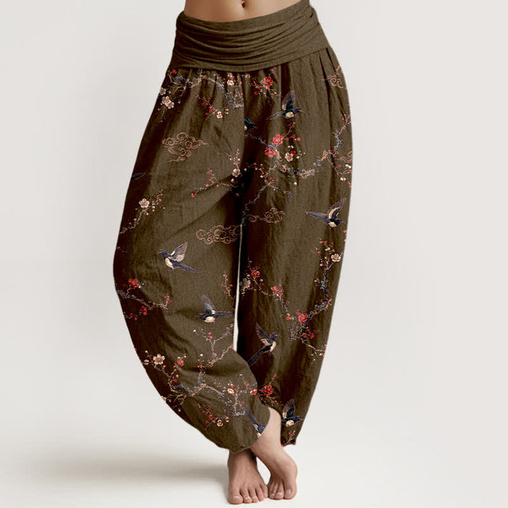Buddha Stones Baumwoll-Haremshose mit Schwalben- und Pflaumenblütenmuster, elastischer Bund, Damen - Olive - US16, UK/AU20, EU48 (3XL) - image 8