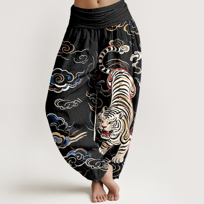 Buddha Stones Baumwoll-Haremshose mit orientalischem Tiger- und Wolkenmuster, elastischem Bund, Damen - Schwarz - US16, UK/AU20, EU48 (3XL) - image 0