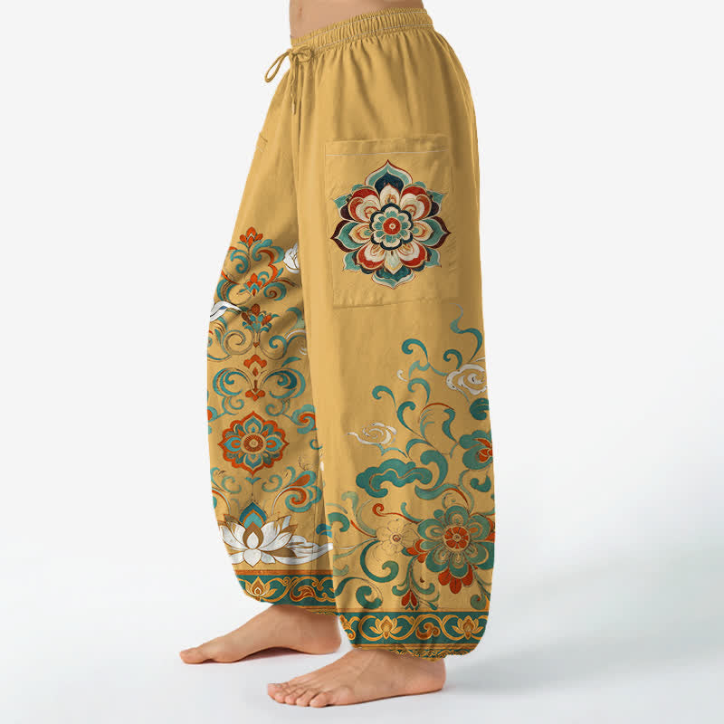 Buddha Stones Baumwoll-Haremshose im Vintage-Stil mit Lotus- und Paisley-Blumenmuster, elastischem Bund und Seitentaschen - image 1