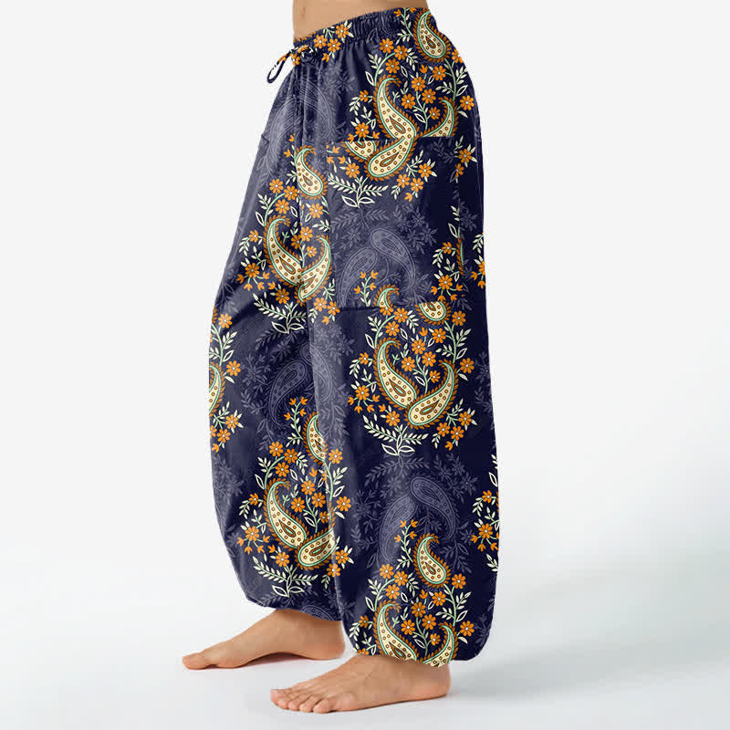 Buddha Stones Baumwoll-Haremshose für Damen mit böhmischem Paisley-Blumenmuster, elastischem Bund und Seitentaschen - image 1