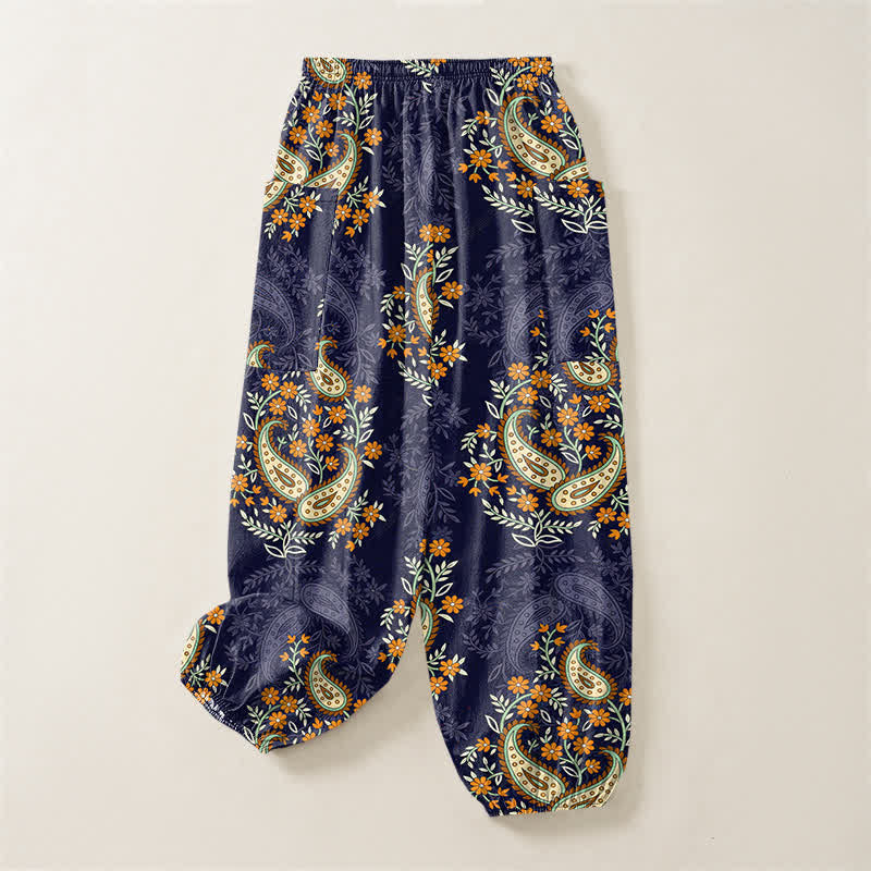 Buddha Stones Baumwoll-Haremshose für Damen mit böhmischem Paisley-Blumenmuster, elastischem Bund und Seitentaschen - image 4