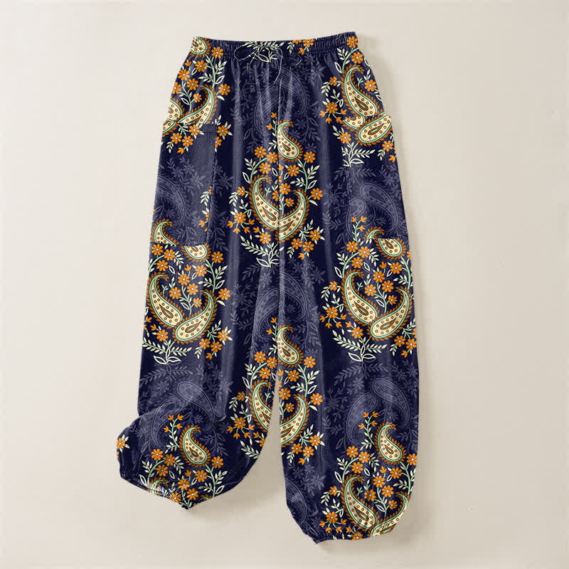 Buddha Stones Baumwoll-Haremshose für Damen mit böhmischem Paisley-Blumenmuster, elastischem Bund und Seitentaschen - image 3