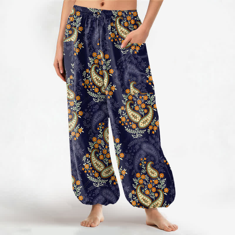 Buddha Stones Baumwoll-Haremshose für Damen mit böhmischem Paisley-Blumenmuster, elastischem Bund und Seitentaschen - Marine - US16, UK/AU20, EU48 (3XL) - image 0