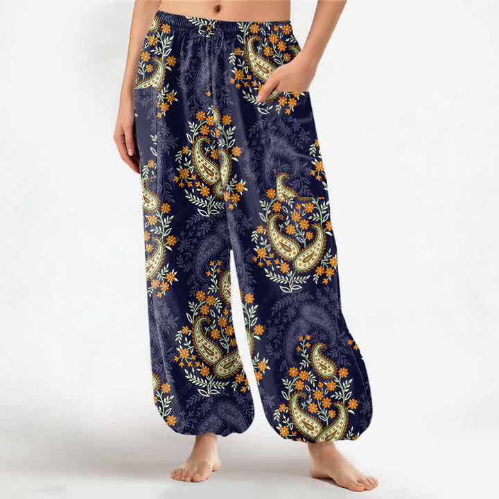 Buddha Stones Baumwoll-Haremshose für Damen mit böhmischem Paisley-Blumenmuster, elastischem Bund und Seitentaschen - Marine - US16, UK/AU20, EU48 (3XL) - image 0