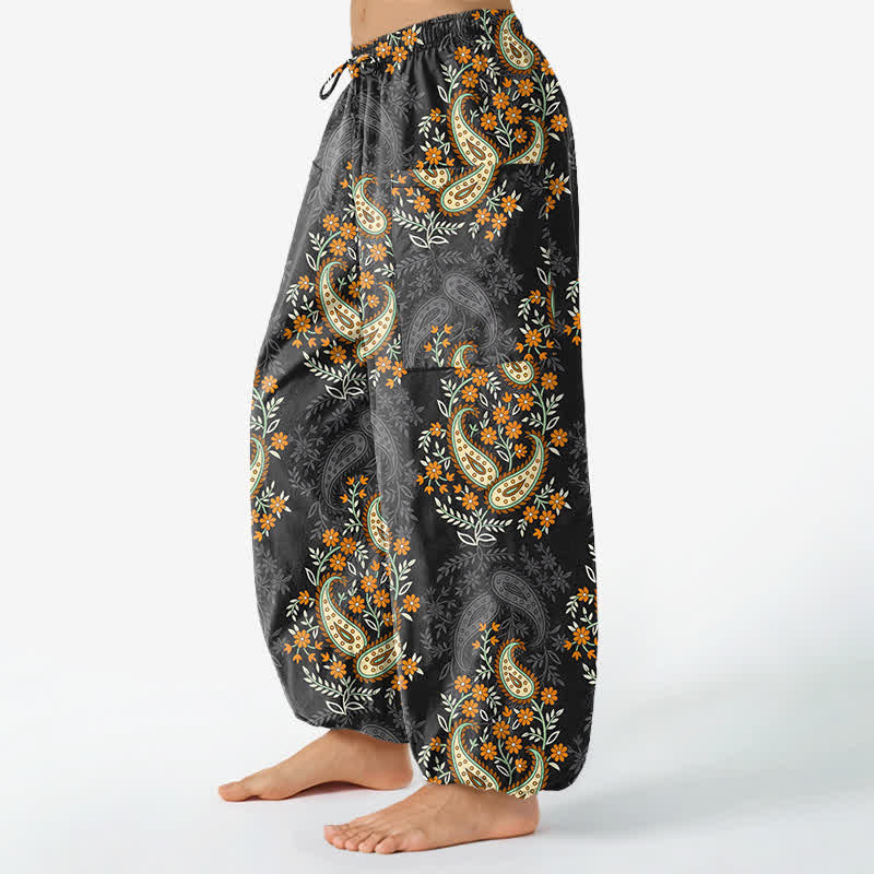 Buddha Stones Baumwoll-Haremshose für Damen mit böhmischem Paisley-Blumenmuster, elastischem Bund und Seitentaschen - image 8