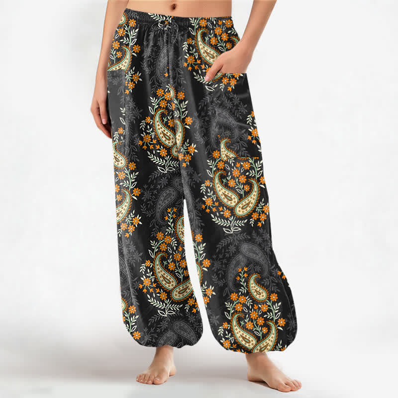 Buddha Stones Baumwoll-Haremshose für Damen mit böhmischem Paisley-Blumenmuster, elastischem Bund und Seitentaschen - Schwarz - US16, UK/AU20, EU48 (3XL) - image 7