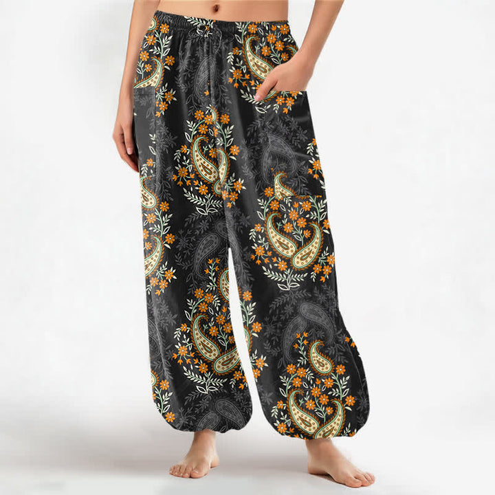 Buddha Stones Baumwoll-Haremshose für Damen mit böhmischem Paisley-Blumenmuster, elastischem Bund und Seitentaschen - Schwarz - US16, UK/AU20, EU48 (3XL) - image 7