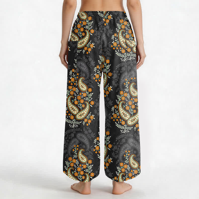 Buddha Stones Baumwoll-Haremshose für Damen mit böhmischem Paisley-Blumenmuster, elastischem Bund und Seitentaschen - image 9