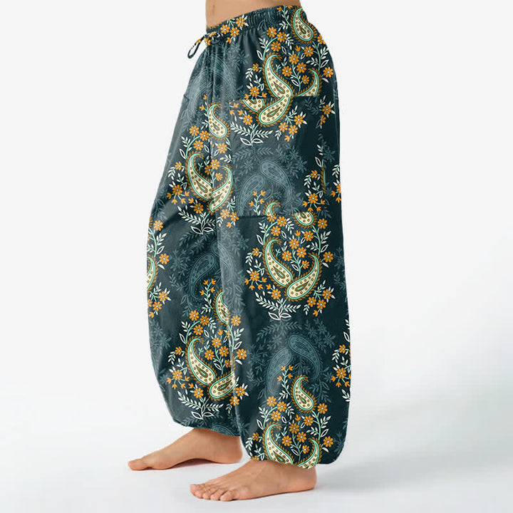Buddha Stones Baumwoll-Haremshose für Damen mit böhmischem Paisley-Blumenmuster, elastischem Bund und Seitentaschen - image 11