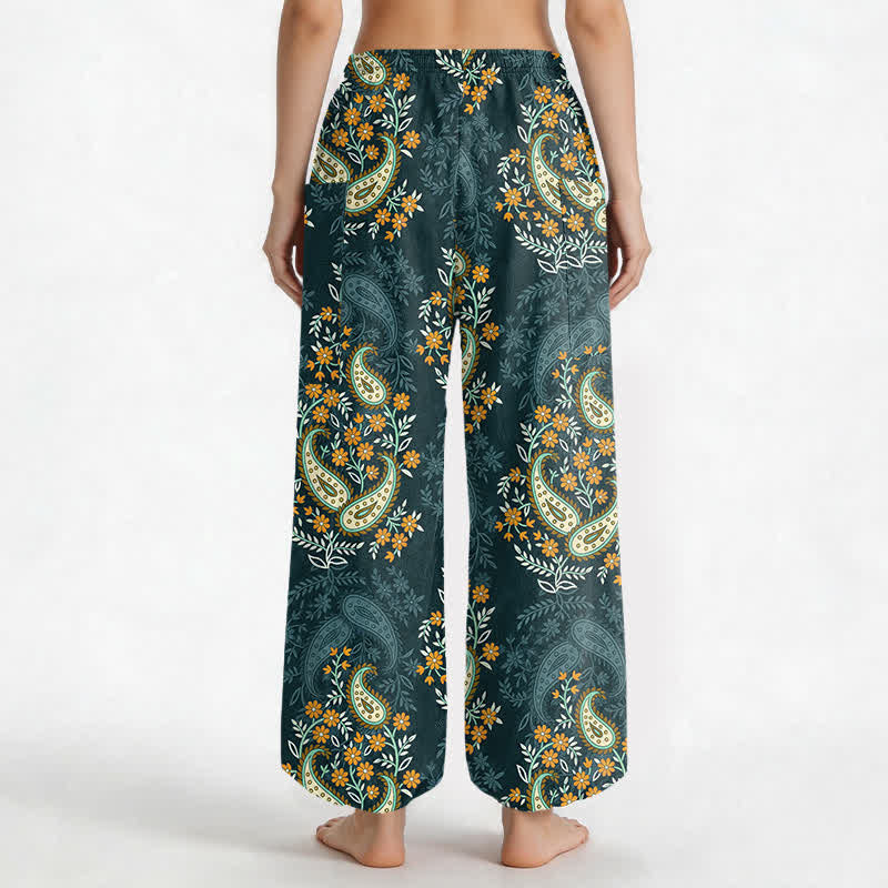 Buddha Stones Baumwoll-Haremshose für Damen mit böhmischem Paisley-Blumenmuster, elastischem Bund und Seitentaschen - image 12