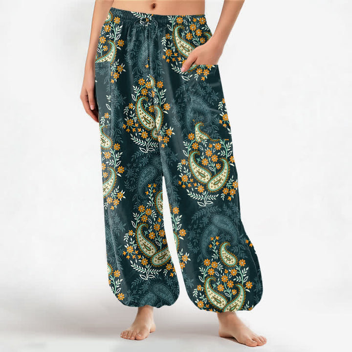 Buddha Stones Baumwoll-Haremshose für Damen mit böhmischem Paisley-Blumenmuster, elastischem Bund und Seitentaschen - Türkis - US16, UK/AU20, EU48 (3XL) - image 10