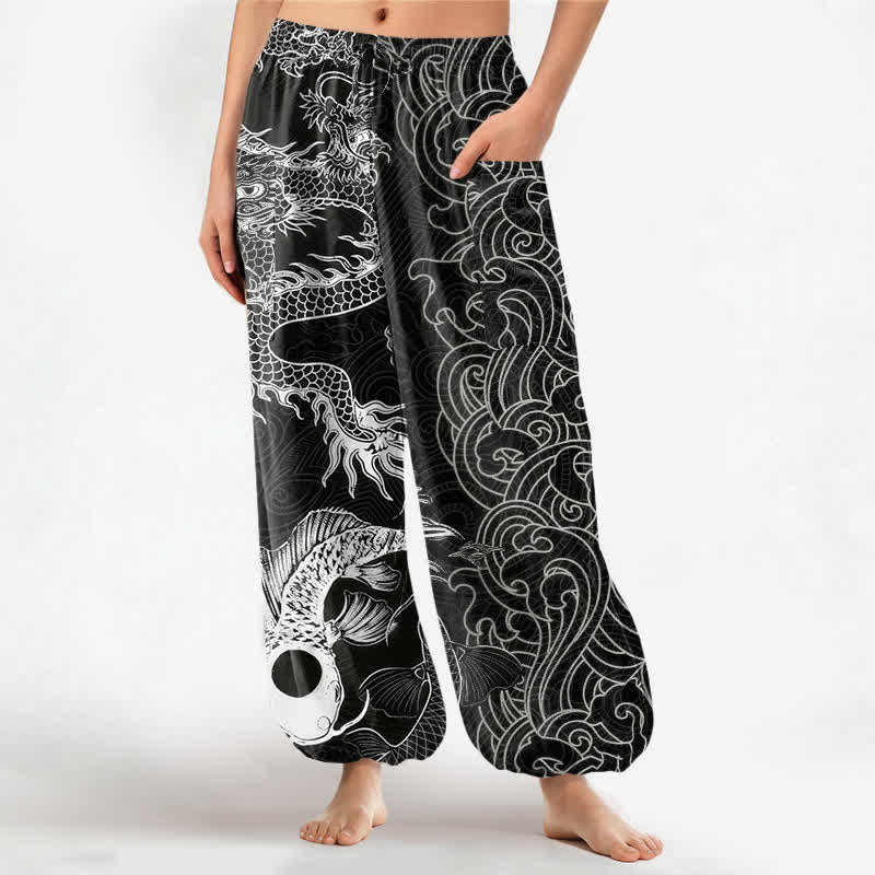 Buddha Stones Baumwoll-Haremshose für Damen mit orientalischem Drachenwellenmuster, elastischem Bund und Seitentaschen - Schwarz - US16, UK/AU20, EU48 (3XL) - image 0