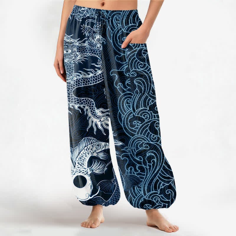 Buddha Stones Baumwoll-Haremshose für Damen mit orientalischem Drachenwellenmuster, elastischem Bund und Seitentaschen - Marine - US16, UK/AU20, EU48 (3XL) - image 7