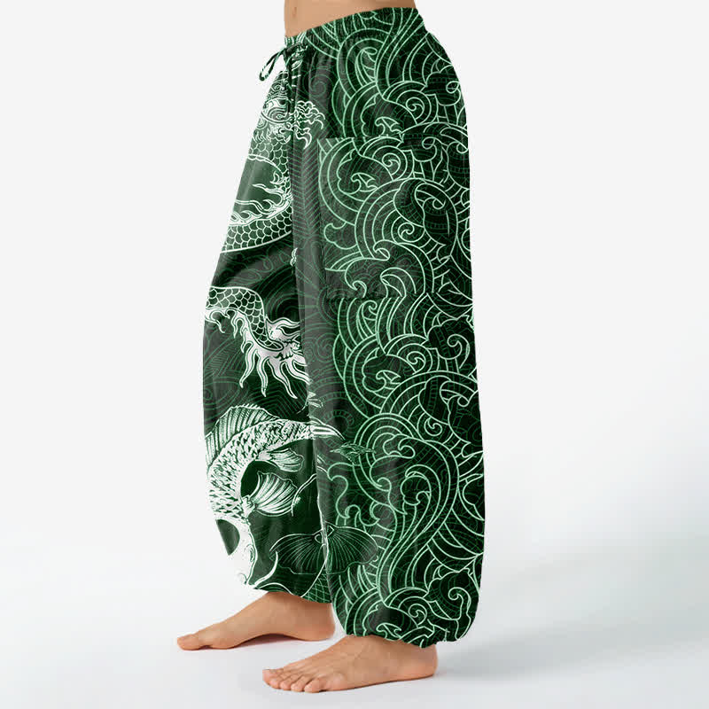 Buddha Stones Baumwoll-Haremshose für Damen mit orientalischem Drachenwellenmuster, elastischem Bund und Seitentaschen - image 11