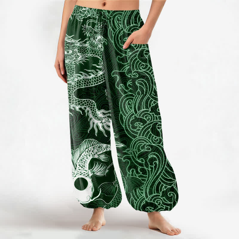Buddha Stones Baumwoll-Haremshose für Damen mit orientalischem Drachenwellenmuster, elastischem Bund und Seitentaschen - Waldgrün - US16, UK/AU20, EU48 (3XL) - image 10