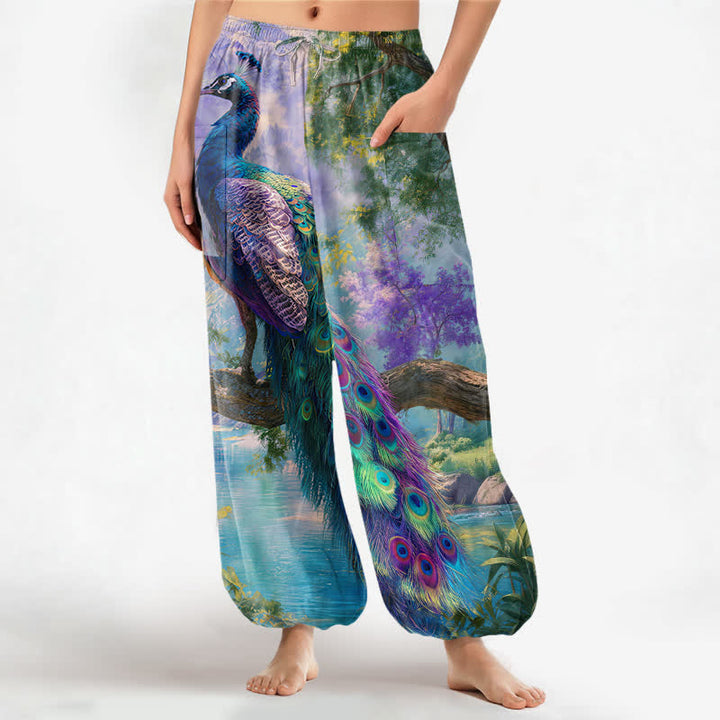 Buddha Stones Baumwoll-Haremshose für Damen mit majestätischem Pfauenmuster, elastischem Bund und Seitentaschen - Türkis - US16, UK/AU20, EU48 (3XL) - image 0