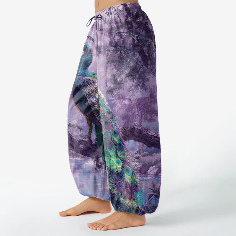 Buddha Stones Baumwoll-Haremshose für Damen mit majestätischem Pfauenmuster, elastischem Bund und Seitentaschen - image 11
