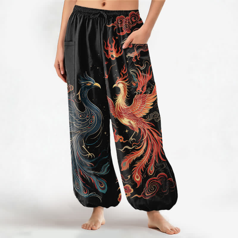 Buddha Stones Baumwoll-Haremshose für Damen mit Vintage-Phönix-Flammenmuster, elastischem Bund und Seitentaschen - Schwarz - US16, UK/AU20, EU48 (3XL) - image 0