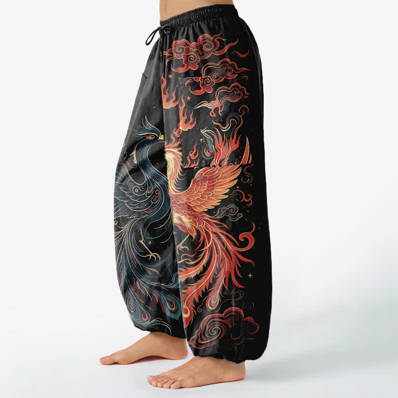 Buddha Stones Baumwoll-Haremshose für Damen mit Vintage-Phönix-Flammenmuster, elastischem Bund und Seitentaschen - image 1