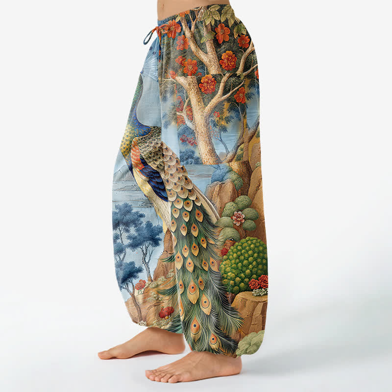 Buddha Stones Baumwoll-Haremshose für Damen mit elastischem Bund, Seitentaschen und Pfauenmuster, botanischem Landschaftsmotiv - image 8