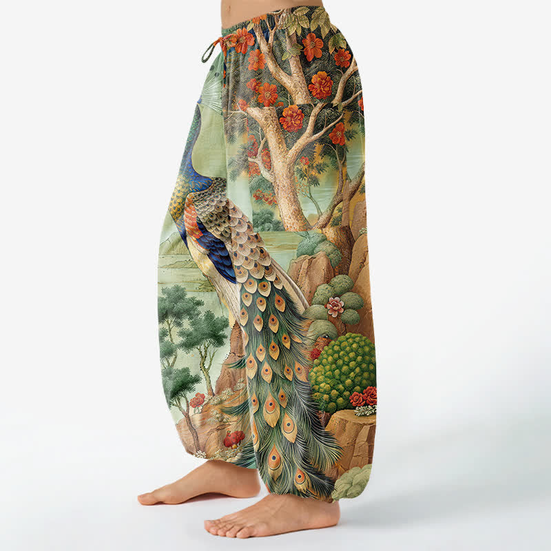 Buddha Stones Baumwoll-Haremshose für Damen mit elastischem Bund, Seitentaschen und Pfauenmuster, botanischem Landschaftsmotiv - image 11