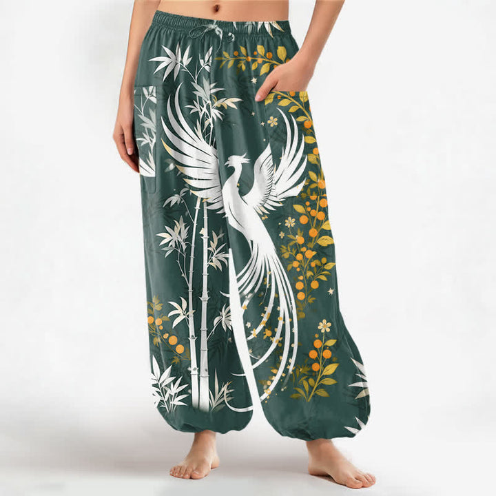 Buddha Stones Baumwoll-Haremshose für Damen mit Kranich- und Bambusblütenmuster, elastischem Bund und Seitentaschen - Türkis - US16, UK/AU20, EU48 (3XL) - image 7