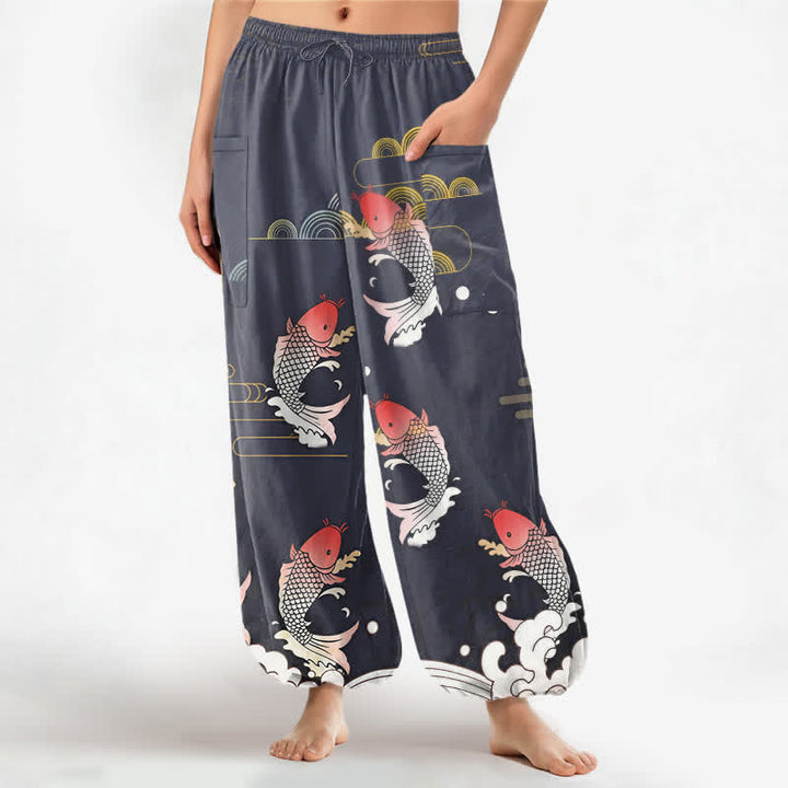 Buddha Stones Baumwoll-Haremshose für Damen mit rotem Koi-Wasser-Muster, elastischem Bund und Seitentaschen - Schiefergrau - US16, UK/AU20, EU48 (3XL) - image 0