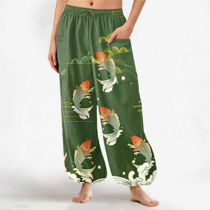 Buddha Stones Baumwoll-Haremshose für Damen mit rotem Koi-Wasser-Muster, elastischem Bund und Seitentaschen - Olivgrün - US16, UK/AU20, EU48 (3XL) - image 10