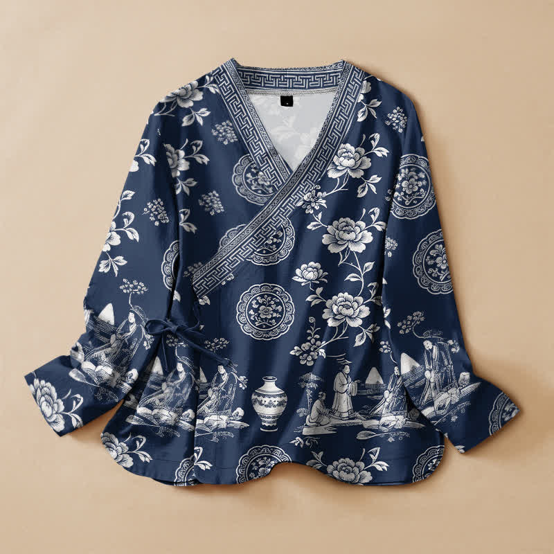 Buddha Stones Baumwoll-Kimono mit Pfingstrosen-Porzellanmuster, Wickeloptik, V-Ausschnitt und Schnürung, Langarm, Hanfu-Stil - Marine - US16, UK/AU20, EU48 (3XL) - image 0