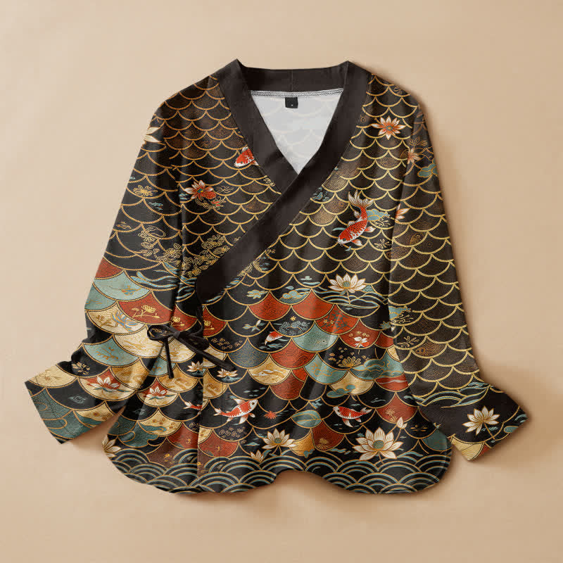 Buddha Stones Kimono aus Baumwolle mit orientalischem Koi-Lotus-Print, Wickeloptik, V-Ausschnitt und Schnürung, langärmlig, für Damen - Schwarz - US16, UK/AU20, EU48 (3XL) - image 0