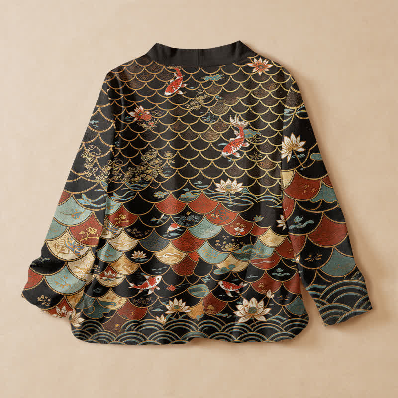 Buddha Stones Kimono aus Baumwolle mit orientalischem Koi-Lotus-Print, Wickeloptik, V-Ausschnitt und Schnürung, langärmlig, für Damen - image 1