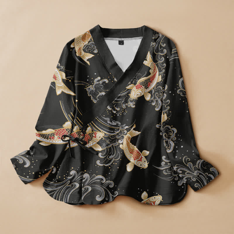 Buddha Stones Baumwoll-Kimono mit goldenem Koi-Wellenmuster im Hanfu-Stil, Wickeloptik, V-Ausschnitt und Schnürung, langärmlig. - Schwarz - US16, UK/AU20, EU48 (3XL) - image 0