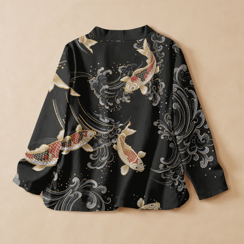 Buddha Stones Baumwoll-Kimono mit goldenem Koi-Wellenmuster im Hanfu-Stil, Wickeloptik, V-Ausschnitt und Schnürung, langärmlig. - image 1