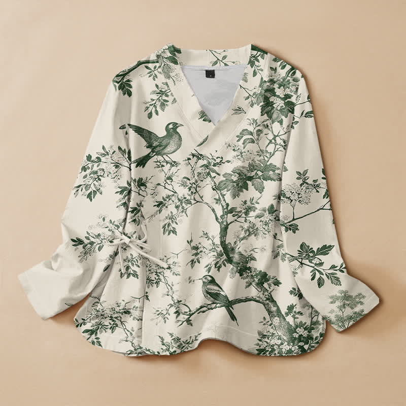 Buddha Stones Baumwoll-Kimono im Hanfu-Stil mit botanischem Vogelmuster, Wickeloptik, V-Ausschnitt und Schnürung, Langarm, für Damen. - Elfenbein - US16, UK/AU20, EU48 (3XL) - image 0
