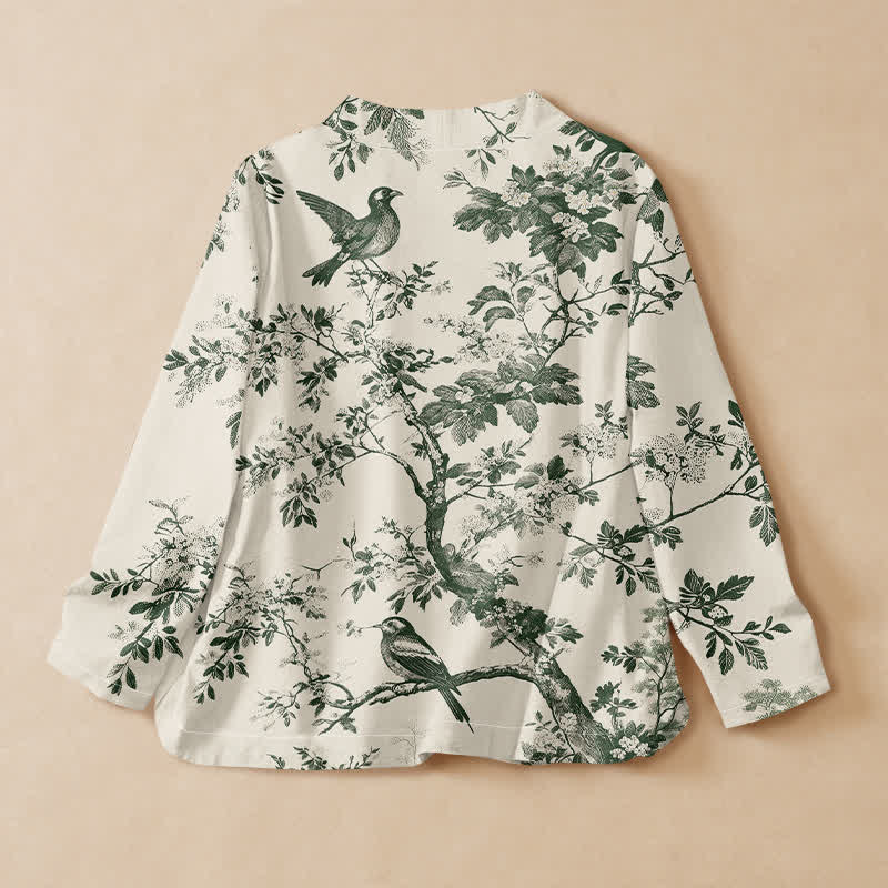Buddha Stones Baumwoll-Kimono im Hanfu-Stil mit botanischem Vogelmuster, Wickeloptik, V-Ausschnitt und Schnürung, Langarm, für Damen. - image 1