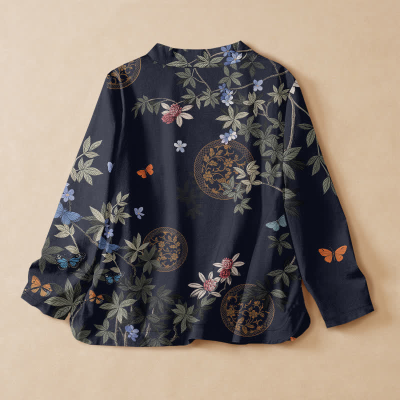 Buddha Stones Baumwoll-Kimono mit floralem Schmetterlingsmedaillon-Print im Hanfu-Stil, Wickeloptik, V-Ausschnitt und Schnürung, Langarm, Damen - image 1