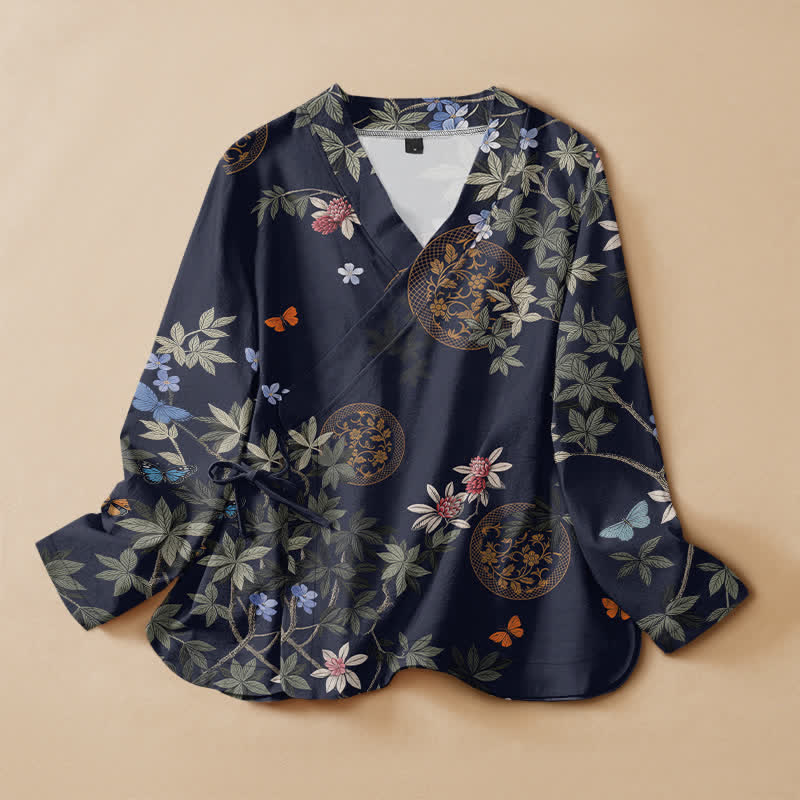 Buddha Stones Baumwoll-Kimono mit floralem Schmetterlingsmedaillon-Print im Hanfu-Stil, Wickeloptik, V-Ausschnitt und Schnürung, Langarm, Damen - Marine - US16, UK/AU20, EU48 (3XL) - image 0