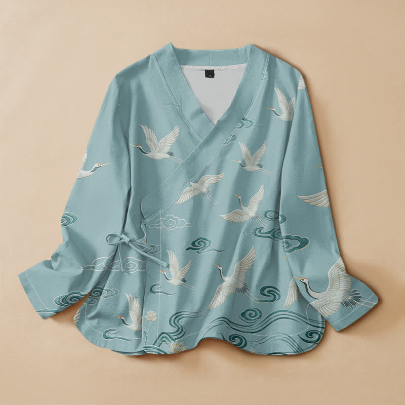 Buddha Stones Baumwoll-Kimono im Hanfu-Stil mit Kranich- und Wolkenmuster, Wickeloptik, V-Ausschnitt und Schnürung, langärmlig - Türkis - US16, UK/AU20, EU48 (3XL) - image 0