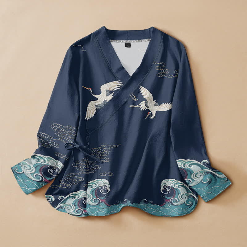 Buddha Stones Baumwoll-Kimono mit Kranich- und Wolkenmuster, Wickeloptik, V-Ausschnitt und Schnürung, langärmlig, aus Weiß - Marine - US16, UK/AU20, EU48 (3XL) - image 0