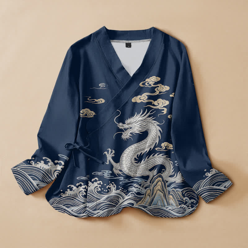 Buddha Stones Baumwoll-Kimono mit Drachen-, Wolken- und Wellenmuster im Hanfu-Stil, Wickeloptik, V-Ausschnitt und Schnürung, langärmlig. - Marine - US16, UK/AU20, EU48 (3XL) - image 0