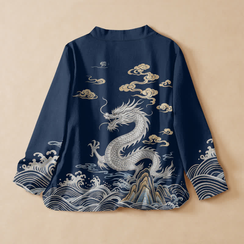 Buddha Stones Baumwoll-Kimono mit Drachen-, Wolken- und Wellenmuster im Hanfu-Stil, Wickeloptik, V-Ausschnitt und Schnürung, langärmlig. - image 1