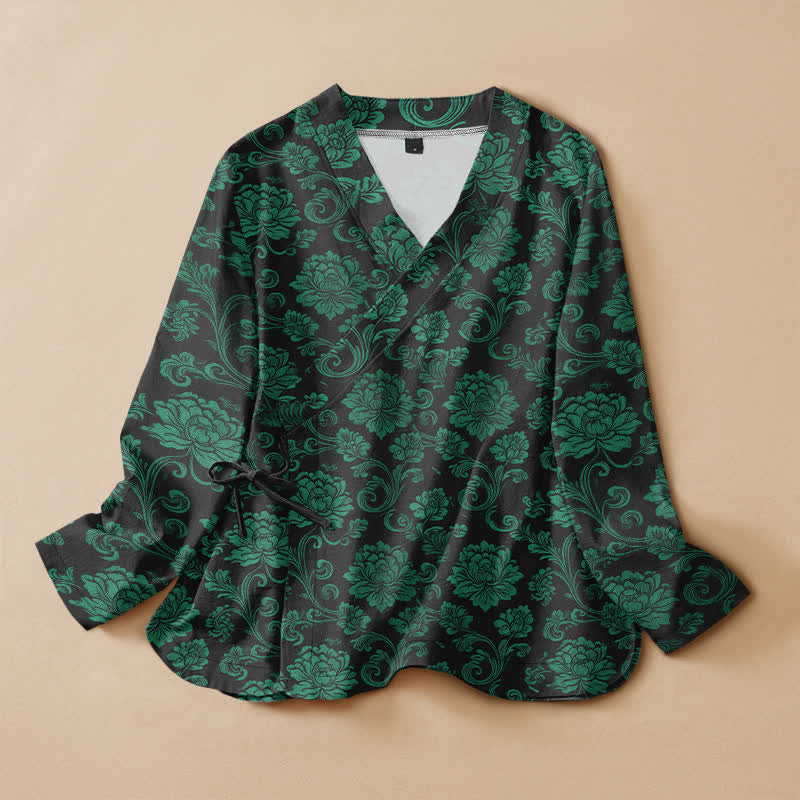 Buddha Stones Baumwoll-Kimono im Hanfu-Stil mit Vintage-Blumenmuster, Wickeloptik, V-Ausschnitt und Schnürung, Langarm, für Damen. - Schwarz - US16, UK/AU20, EU48 (3XL) - image 0