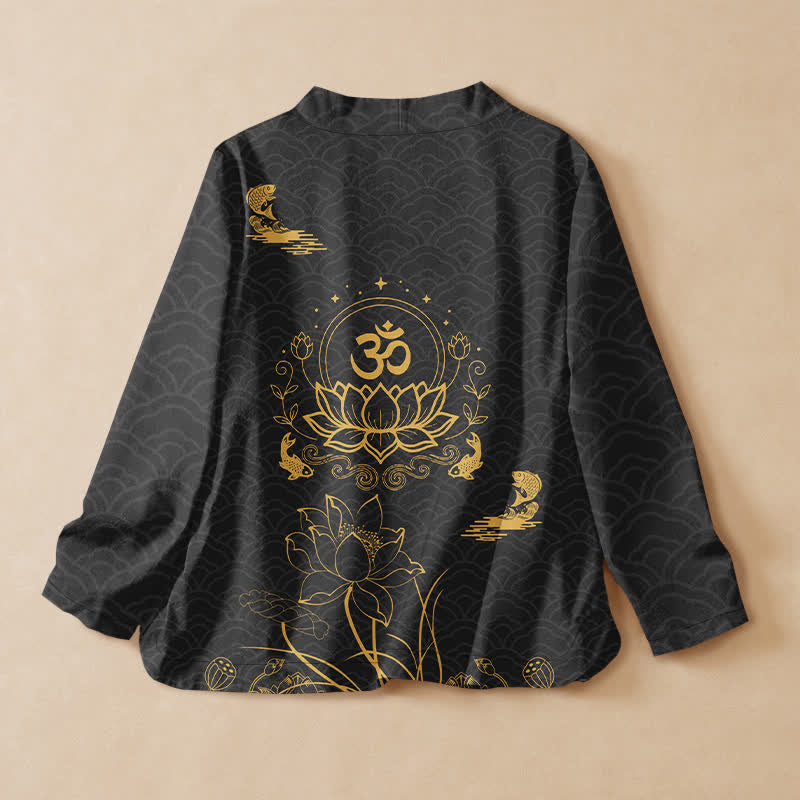Buddha Stones Baumwoll-Kimono mit Lotus-Om-Koi-Muster, Wickeloptik, V-Ausschnitt und Schnürung, langärmlig, für Damen - image 1